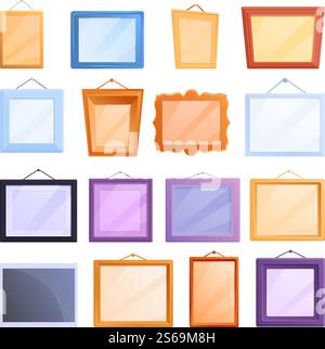 Set di icone cornice fotografica. Set cartoni animati di icone vettoriali per cornici fotografiche per la progettazione Web. Set di icone cornice fotografica, stile cartone animato Illustrazione Vettoriale