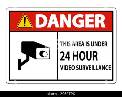 Pericolo quest'area è sotto le 24 ore simbolo di videosorveglianza segno isolato su sfondo bianco, illustrazione vettoriale Illustrazione Vettoriale