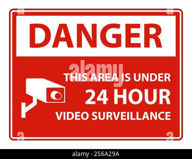 Pericolo quest'area è sotto le 24 ore simbolo di videosorveglianza segno isolato su sfondo bianco, illustrazione vettoriale Illustrazione Vettoriale