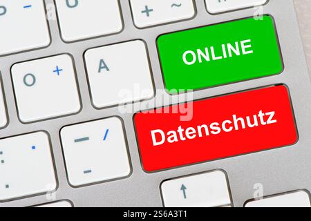 Computer Tastatur mit Aufschrift online und Datenschutz Auf einer computer-Tastatur sind zwei Tasten markiert, eine Grüne Taste mit online und eine ro Foto Stock