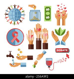 Il centro per la donazione del sangue e l'ente benefico finanziano cuori vettoriali e mani umane cancro strisciano sacchetti di sangue e gocce d'acqua monete d'oro e piante banconote o banconote da un dollaro, globo in vaso di vetro e persone che tengono per mano. Fondo di beneficenza e donazione di sangue aiuti finanziari e strisce tumorali Illustrazione Vettoriale