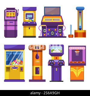 Dispositivi per parchi di attrazioni, slot machine o giochi, gioco d'azzardo vettoriale e tiro, balli e controlli della forza, giocattoli morbidi e pugilato e pallacanestro, fucili e martelli che perforano borse ruote e cestino. Giochi o slot machine dispositivi di parchi di attrazione oggetti isolati Illustrazione Vettoriale