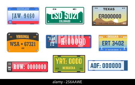 Numeri delle auto targhe targa dei veicoli stati americani icone isolate numeri e lettere del Nebraska numeri e lettere di immatricolazione dei veicoli Texas e Virginia Indiana Groenlandia e Colorado attrezzature automobilistiche. Icone isolate delle targhe dei veicoli Illustrazione Vettoriale