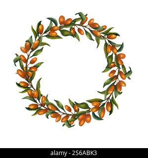 Ghirlanda con i rami del torace in cerchio. Illustrazione acquerello su sfondo isolato. Bacche di arancia brillante e fogliame per il confezionamento di desi Foto Stock