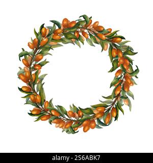 Ghirlanda con rami di spinoso marino in cerchio. Illustrazione acquerello con bacche arancioni e fogliame su sfondo isolato. Per il modello su pac Foto Stock