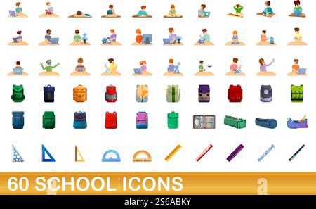 set di 60 icone della scuola. Illustrazione a cartoni animati di 60 icone scolastiche, insieme di vettori isolati su sfondo bianco. set di 60 icone scolastiche, stile cartone animato Illustrazione Vettoriale
