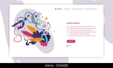 Spacemen o astronauti e Luna modello di pagine web spaziali vettoriali esplorazione satellitare naturale a pressione adatta a spedizioni interstellari o missioni, cosmo gravitazionale e scienza astronomica dell'universo. Spaziatori spaziali enormi o astronauti e modello di pagina Web della luna Illustrazione Vettoriale