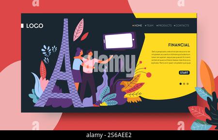 Viaggio romantico a Parigi Ordina il modello di pagina web uomo e donna vettoriali che scattano selfie con la Torre eiffel viaggio in Francia o tour online Ordina il sito web punto di riferimento e attrazioni turistiche. Viaggio romantico a Parigi ordinare un modello di pagina web Illustrazione Vettoriale