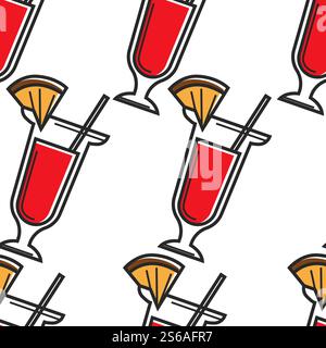 Viaggiando a Singapore cocktail con paglia e ananas senza cuciture vetro vettoriale e fetta di frutta alcol bere cultura esplorazione texture infinita bevanda estiva o rinfresco stampa di carta da parati. Cocktail di Singapore con motivo senza cuciture di paglia e ananas Illustrazione Vettoriale