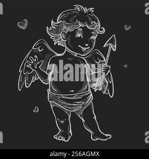 Angelo cucciolo con ali e freccia gesso di San Valentino disegna personaggio ragazzo in pannolini cuore simbolo amore e affetto creatura volante mitica, con arma spirito festivo matchmaker paradiso bambino. Angelo con ali e freccia cupido schizzo di gesso San Valentino Illustrazione Vettoriale