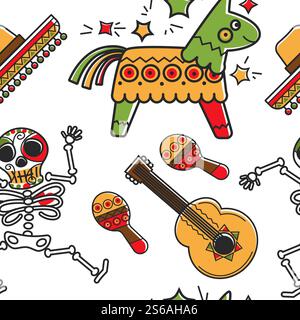 Simboli Mexicn scheletro con motivo senza cuciture con ornamenti e chitarra maracas e sombrero pinta Vector strumenti musicali tradizionali attributi natalizi e cappello Los Muertos Day e Cinco de Mayo. Maracas di scheletro e chitarra e sombrero pinta senza cuciture Illustrazione Vettoriale