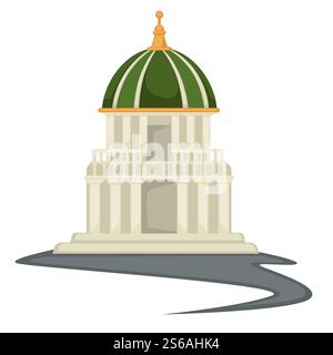 Torre o tempio con cupola e guglie dorate edificio in stile rinascimentale, balcone vettoriale e colonne, storia antica, edificio storico, architettura e oggetti isolati nella storia dell'arte. Edificio in stile rinascimentale, torre o tempio con cupola e guglia Illustrazione Vettoriale