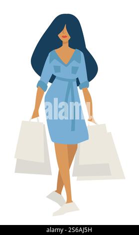 Comprare vestiti e cibo donna facendo shopping con borse in abito denim donna isolato personaggio vettore donna che trasporta pacchetti sconto o vendita ragazza in scarpe bianche e pacchi di carta supermercato o centro commerciale. Donna che fa shopping con le borse in denim vestono in modo isolato Illustrazione Vettoriale