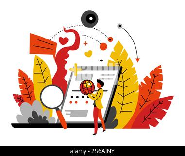 Marketing digitale ricerca online SMM concetto astratto schermo vettoriale per computer ricerca di mercato su Internet programmatore per lo sviluppo di laptop e siti Web o marketer rete globale e simbolo della lente di ingrandimento. Concetto astratto SMM per il marketing e la ricerca online globale Illustrazione Vettoriale