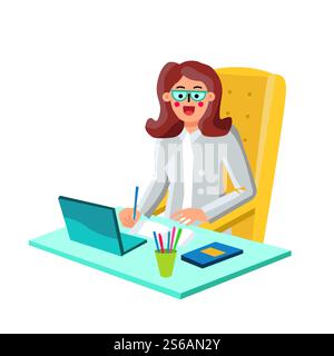 Donna d'affari economista che lavora su laptop Vector. Giovane donna economista finanziatrice seduta sulla sedia da ufficio e lavorare con il computer. Illustrazione di un cartone animato piano sul luogo di lavoro di carattere. Donna d'affari economista che lavora su laptop Vector Illustrazione Vettoriale