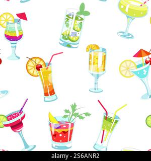 Bevande alcoliche da bar, cocktail, ghiaccio e frutta senza cuciture, martini vettoriali e tequila, mojito rum e Bloody Mary limone e lime o arancia, prezzemolo e menta bevande per feste ingredienti consistenza infinita. Cocktail bar, bevande alcoliche, piatto senza cuciture e frutta Illustrazione Vettoriale