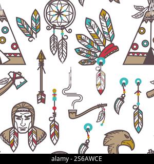 Le tribù indiane americane sono oggetti di fantasia senza cuciture aborigeni vettoriali piume e capi tribali capanna e pipa fumante con freccia, e un uomo e un'aquila da sogno, decorazioni e armi dalle texture infinite. Elementi tribù indiana Indiani nativi americani motivo senza cuciture Illustrazione Vettoriale