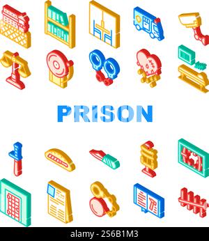 Edificio della prigione e icone degli accessori Set Vector. Cella prigione e sedia elettrica, biblioteca e sala visite, coltello in pane e Baton della polizia, illustrazioni di colore del segno isometrico. Edificio della prigione e icone degli accessori Set Vector Illustrazione Vettoriale
