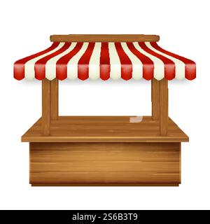 Chiosco del Market Pavilion con negozio Awning Vector. Piedistallo in legno vuoto con paralume a righe rosse e bianche, frontale in materiale di legno. Illustrazione 3d realistica del modello dell'ambiente di lavoro del venditore. Chiosco del Market Pavilion con negozio Awning Vector Illustrazione Vettoriale