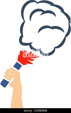 Football Fans Hand Holding Burned Flayer con icona Smoke. Design a colori piatti. Illustrazione vettoriale. Illustrazione Vettoriale