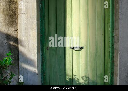 Vecchia porta in legno verde con maniglia centrale in metallo nero in ombra Foto Stock