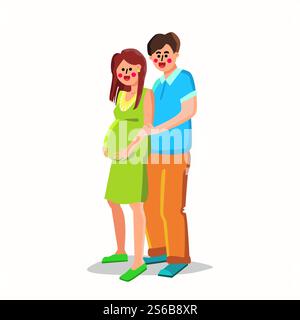Donna incinta che abbraccia uomo felice famiglia vettore. Il marito sorridente abbraccia la donna incinta con amore, Lady che tocca Belly. Illustrazione dei personaggi in attesa del bambino, dei futuri genitori. Donna incinta che abbraccia uomo felice famiglia vettore Illustrazione Vettoriale