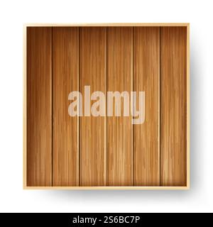 Scatola di legno pacchetto in legno per stoccaggio vettoriale. Contenitore vuoto materiale in legno per stoccaggio e trasporto prodotti e ordini. Illustrazione 3d realistica del layout piatto del contenitore della cassa. Scatola di legno pacchetto in legno per stoccaggio vettoriale Illustrazione Vettoriale