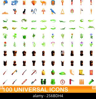 set di 100 icone universali. Illustrazione a cartoni animati di 100 icone vettoriali universali isolate su sfondo bianco. set di 100 icone universali, stile cartone animato Illustrazione Vettoriale
