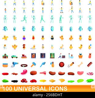 set di 100 icone universali. Illustrazione a cartoni animati di 100 icone vettoriali universali isolate su sfondo bianco. set di 100 icone universali, stile cartone animato Illustrazione Vettoriale