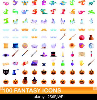 set di 100 icone fantasy. Illustrazione a cartoni animati di 100 icone di fantasia insieme di vettori isolati su sfondo bianco. set di 100 icone fantasy, stile cartoni animati Illustrazione Vettoriale