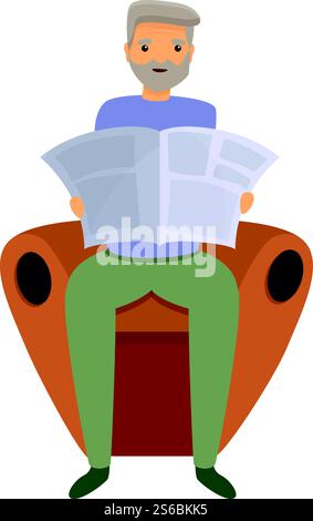 Un uomo anziano legge l'icona di un giornale. Il cartone animato di un uomo anziano legge l'icona vettoriale del giornale per il web design isolata su sfondo bianco. Un uomo anziano leggeva l'icona di un giornale, in stile fumetto Illustrazione Vettoriale