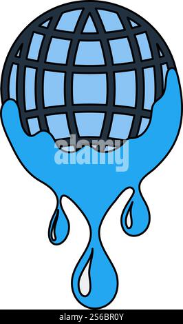 Icona pianeta con acqua in discesa. Contorno con disegno riempimento colore. Illustrazione vettoriale. Illustrazione Vettoriale