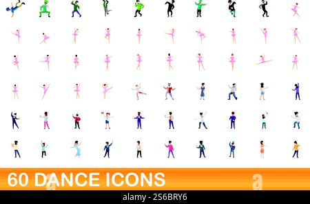 set di 60 icone di danza. Illustrazione a cartoni animati di 60 icone di danza insieme vettoriale isolato su sfondo bianco. set di 60 icone di danza, stile cartone animato Illustrazione Vettoriale