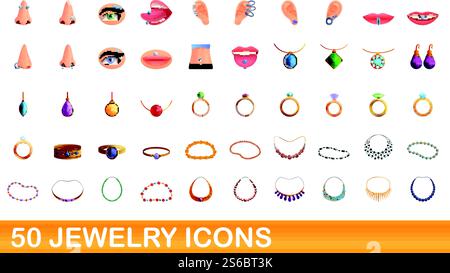 set di 50 icone di gioielli. Illustrazione a cartoni animati di 50 icone di gioielli con set vettoriale isolato su sfondo bianco. set di 50 icone di gioielli, stile cartone animato Illustrazione Vettoriale