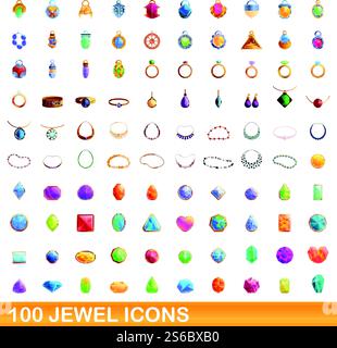 set di 100 icone gioiello. Illustrazione a cartoni animati di 100 icone di gioielli, insieme vettoriale isolato su sfondo bianco. set di 100 icone gioiello, stile cartoni animati Illustrazione Vettoriale