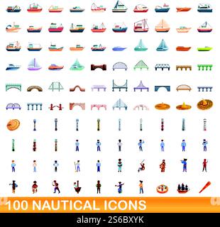 set di 100 icone nautiche. Illustrazione a cartoni animati di 100 icone nautiche insieme di vettori isolati su sfondo bianco. set di 100 icone nautiche, in stile cartoni animati Illustrazione Vettoriale