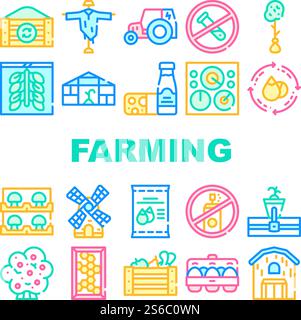 Icone della raccolta Eco Farming biologica Set Vector. Concetto di trattore elettrico e mulino, serra e fienile di fattoria biologica, prodotti lattiero-caseari e uova pittogrammi lineari. Illustrazioni dei contorni a colori. Icone della raccolta Eco Farming biologica Set Vector Illustrazione Vettoriale