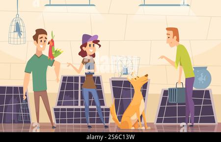 Rifugio per animali. I proprietari scelgono il cane da cucciolo sullo sfondo dei cartoni animati vettoriali della gabbia. Illustrazione di cuccioli, gattini e cuccioli. Rifugio per animali. I proprietari scelgono il cane da cucciolo sullo sfondo dei cartoni animati vettoriali della gabbia Illustrazione Vettoriale