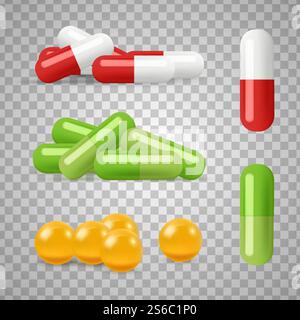 Vettore di pillole realistiche. Farmaci, farmaci isolati su sfondo trasparente. Illustrazione antibiotico e compressa medica. Vettore di pillole realistiche. Farmaci, farmaci isolati su sfondo trasparente Illustrazione Vettoriale