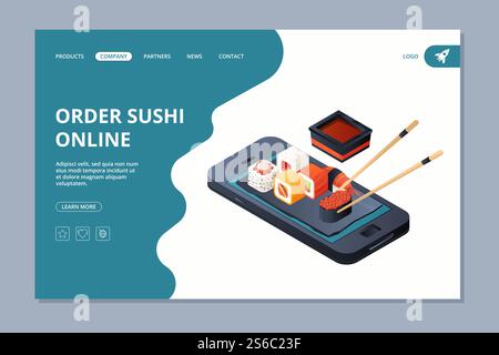 Consegna di cibo. Modello di progettazione della pagina del sito Web di destinazione Sushi Seafood landing business dei vettori di consegna online. Illustrazione dell'ordine online di pesce in rotolo. Consegna di cibo. Modello di progettazione della pagina del sito Web di destinazione Sushi Seafood landing business dei vettori di consegna online Illustrazione Vettoriale