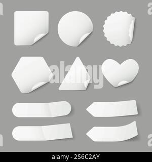 Adesivi. Carta per etichette vuote con ombre realistiche e angoli arricciati modello vettoriale. Immagine dell'adesivo e dell'etichetta per note e messaggi. Adesivi. Carta per etichette vuote con ombre realistiche e angoli arricciati modello vettoriale Illustrazione Vettoriale