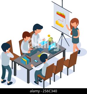 Coaching aziendale. La persona della sala conferenze deve parlare e indicare i responsabili della lavagna a fogli mobili seduti al tavolo con un vettore isometrico. Illustrazione di conferenze isometriche, riunioni e formazione. Coaching aziendale. La persona della sala conferenze deve parlare e indicare i responsabili della lavagna a fogli mobili seduti al tavolo con un vettore isometrico Illustrazione Vettoriale