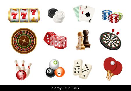 Icone dei giochi di casinò e di gioco d'azzardo. Scacchi vettoriali realistici, birilli, palle, roulette del casinò, slot machine. Illustrazione di roulette e poker, dadi e biliardo snooker. Icone dei giochi di casinò e di gioco d'azzardo. Scacchi vettoriali realistici, birilli, palle, roulette del casinò, slot machine Illustrazione Vettoriale