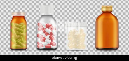 Pillole realistiche flaconi vettoriali. Farmaci, raccolta di farmaci isolati su sfondo trasparente. Illustrazione di farmaci, pillole e farmaci in bottiglia per farmacia. Pillole realistiche flaconi vettoriali. Farmaci, raccolta di farmaci isolati su sfondo trasparente Illustrazione Vettoriale
