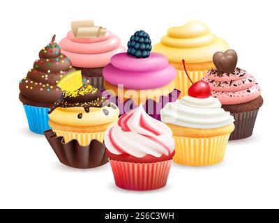Cupcake realistici con frutta, crema, cioccolato, illustrazione vettoriale ciliegia. Cupcake con blackberry, torta dolciaria con cioccolato. Cupcake realistici con frutta, crema, cioccolato, illustrazione vettoriale ciliegia Illustrazione Vettoriale