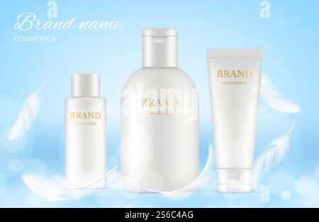 Poster degli annunci cosmetici. Striscione vettoriale con tubi, bottiglie e piume realistiche. Illustrazione crema tubolare, cosmetico curativo, pubblicità per la cura della pelle. Poster degli annunci cosmetici. Striscione vettoriale con tubi, bottiglie e piume realistiche Illustrazione Vettoriale