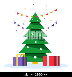 Albero di natale decorato con scatole regalo, ghirlanda e palle, regali vettoriali. Felice festa di Capodanno, simboli delle vacanze invernali, arredamento per feste a casa. Abete o abete rosso, contenitori avvolti con arco o nastro. Albero di Natale e regali di Natale, scatole regalo sotto l'abete Illustrazione Vettoriale