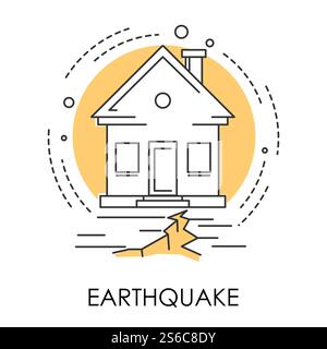 Distruzione di case e di terra, terremoto, catastrofi naturali, Icon Vector isolato. Terremoto o tremore, scuotimento della superficie terrestre, terra incrinata a metà. Pericolo e pericolo di vita, problema ambientale, ecologia. Icona isolata dal terremoto, distruzione di case e terra, disastro naturale Illustrazione Vettoriale
