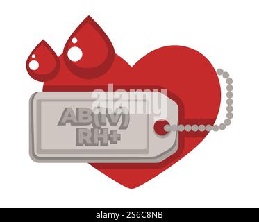 Cuore con etichetta metallica e gocce di sangue, centro donatore e vettore icona isolato donazione. Trasfusione e donazione, medicina e assistenza sanitaria, salvando vite umane. Gruppo e fattore rhesus, carità e assistenza medica. Icona isolata del centro di donazione del sangue, cuore e gocce rosse Illustrazione Vettoriale