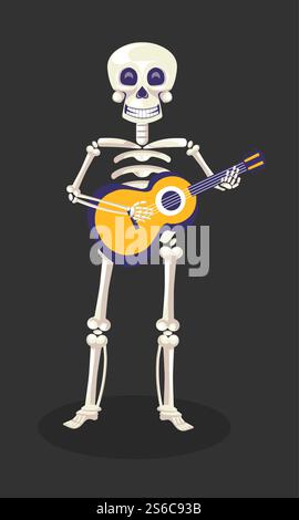 Scheletro con chitarra, Day of Dead, simbolo delle festività messicane, vettore di celebrazione delle feste dia De Los Muertos. Teschio e ossa, strumento musicale a corde. Calaca suona musica, musicista o mariachi. Giorno messicano dei morti, scheletro con chitarra, festa messicana Illustrazione Vettoriale